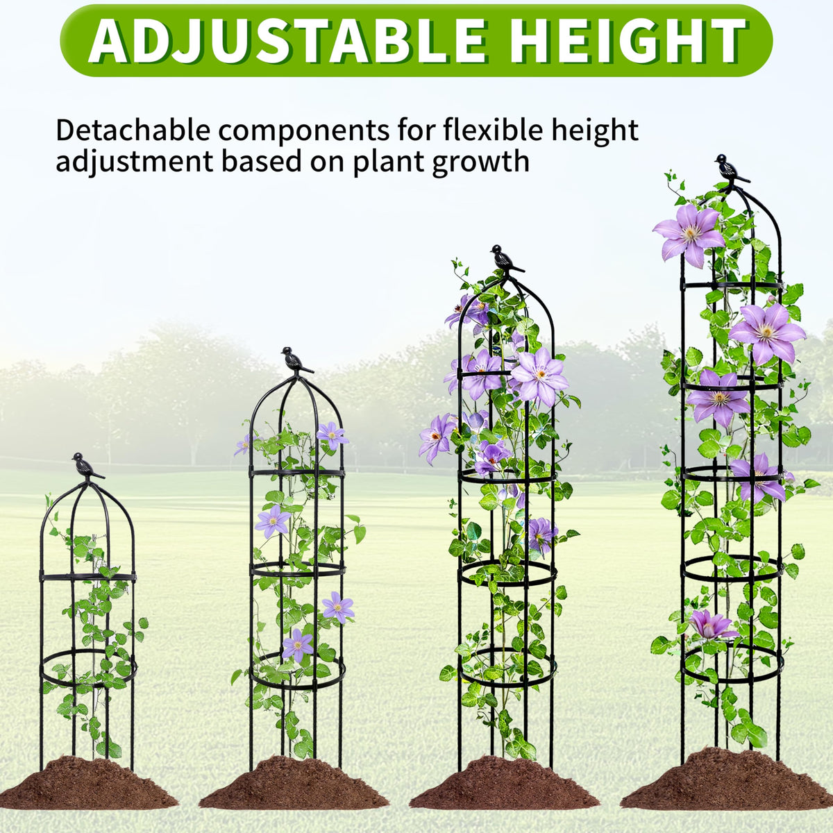 6.7FT Garden Obelisk Trellis for Climbing Plants,Adjustable 5-Tier Metal Plant Support,Rustproof Outdoor Plant Tower with 3 Decorative Tops for Roses,Tomatoes,Clematis & Vines,Black