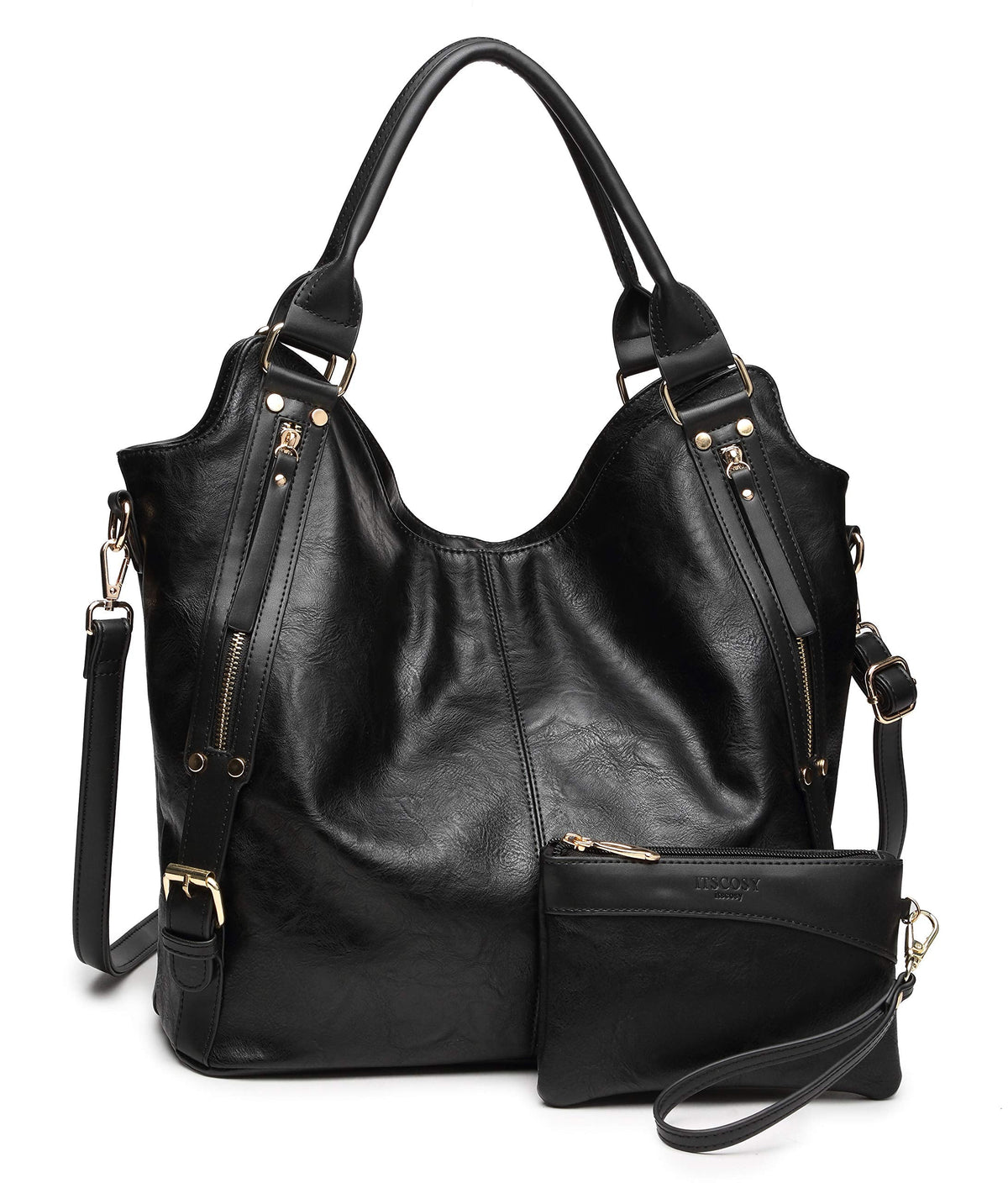 Women Tote Bag Handbags PU Leather Fashion Hobo Shoulder Bags with Adjustable Shoulder Strap (Black, L)