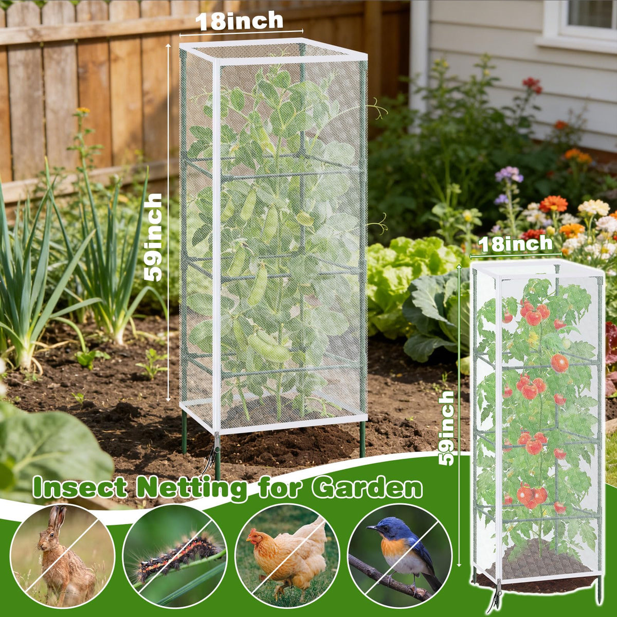 3 Pack Tomato Netting for Garden Protection, 59x18x18 inches Ultra-Fine Mesh Plant Netting Cover for Square Tomato Cage, Bird,Pest & Small Animal Barrier with Zipper & Drawstring