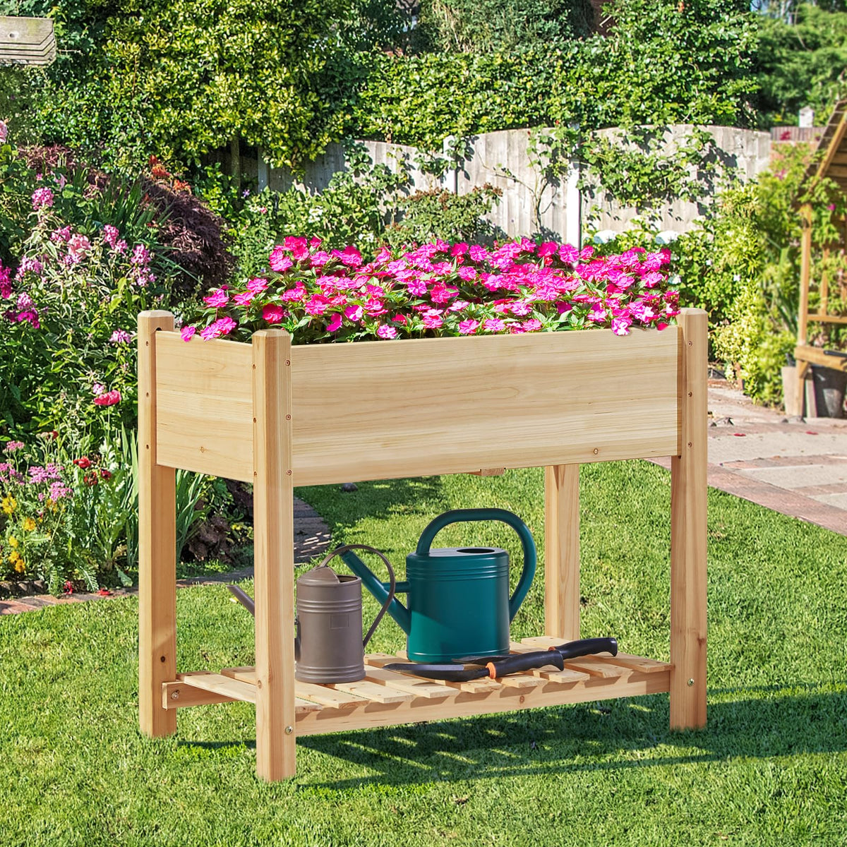 Yaheetech 34x18x30in Horticulture Raised Garden Bed Planter Box with Legs & Storage Shelf Wooden Elevated Vegetable Growing Bed for Flowers, Plants, Backyard, Patio, Balcony, Light Brown