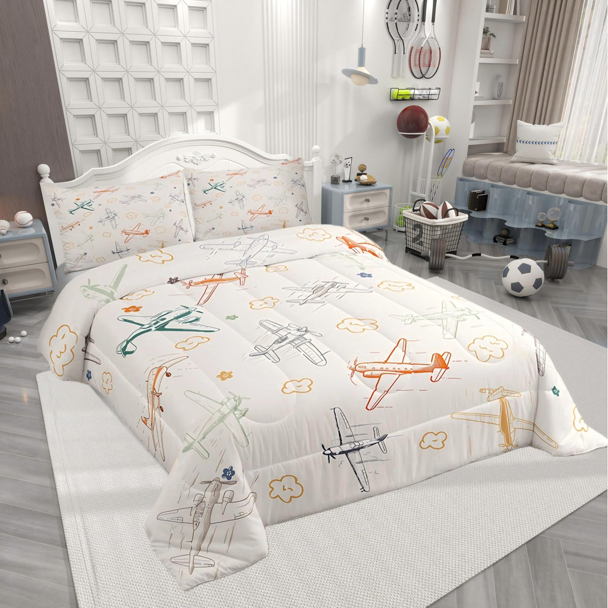 Castle Fairy Aircraft Bedding Set Kids Airplane Print Comforter Boys Girls Decor Aircraft Flying Theme Blanket Microfiber Sketch Style Khaki Yellow Duvet Set Bedroom Twin Size with 1 Pillow Case