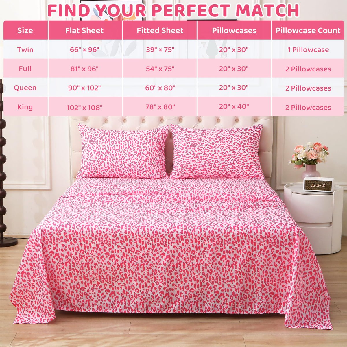 Mooreeke Leopard Cheetah Printed Full Bed Sheets, Soft Microfiber Bedding Sheets & Pillowcases, Deep Pocket Non-Slip Fitted Full Sheet, Pink Animal Pattern Bedsheets