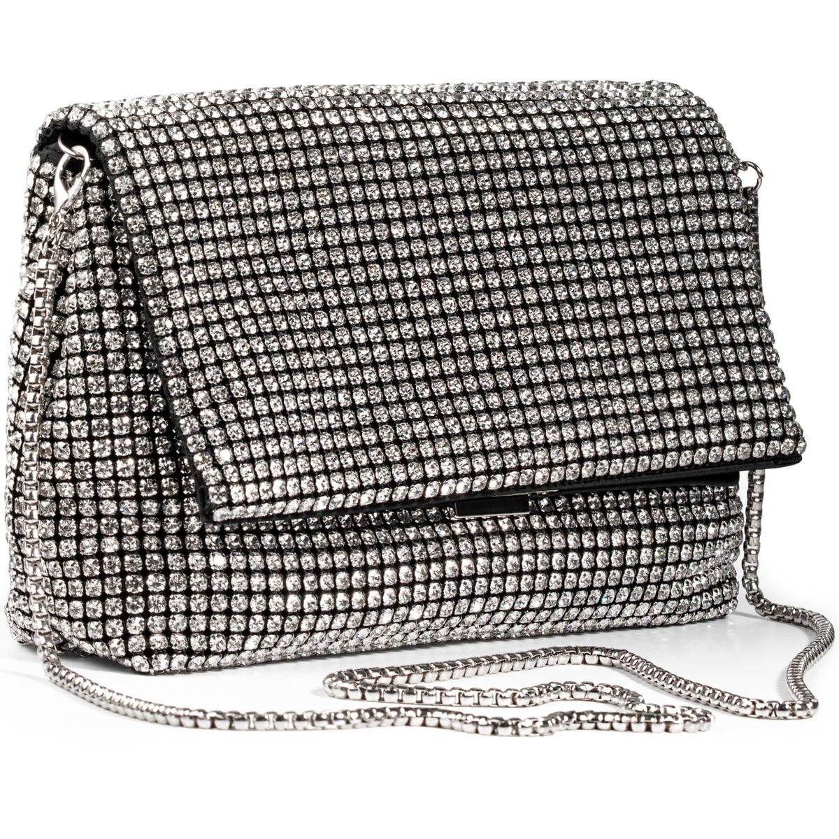 SARA DESIGNS Luxury Crystal Rhinestone Envelope Clutch Bag - Sparkly Silver Evening Purse for Weddings, Galas, and Formal Events - Designer Sparkle Pouch with Detachable Chain