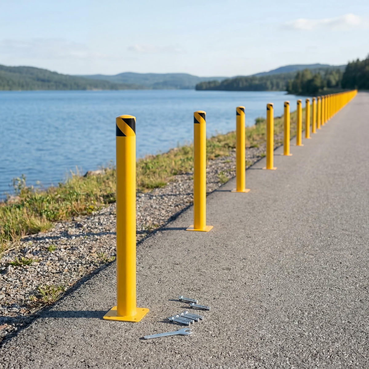 6-Pack 48 Inch Steel Safety Bollards, 4.5 Inch Diameter Parking Bollard Post with 24 Anchor Bolts, Yellow Safety Steel Bollard Post for Driveway Barrier, Traffic Control & Storefront Protection