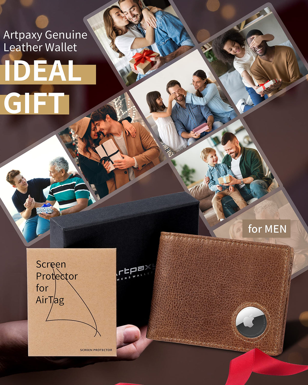 Mens Wallet With AirTag Holder, Bifold Leather RFID Blocking 1 ID Windows 13 Card Holders, Gift Box and Screen Protector Included, AirTag Not Included