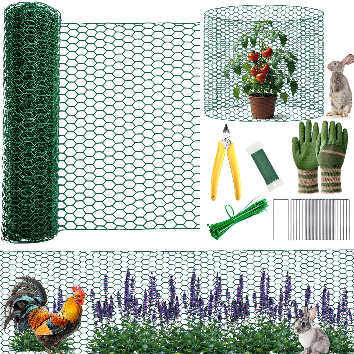 All-in-One 200 Inch Plant Protectors from Animals Kit - 0.85mm Heavy Duty Chicken Wire Cloche,Free-Cut Wire Mesh Roll Includes Pliers, Gloves, Ties, Stakes for Custom Outdoor Cages (12 * 200 Inch)
