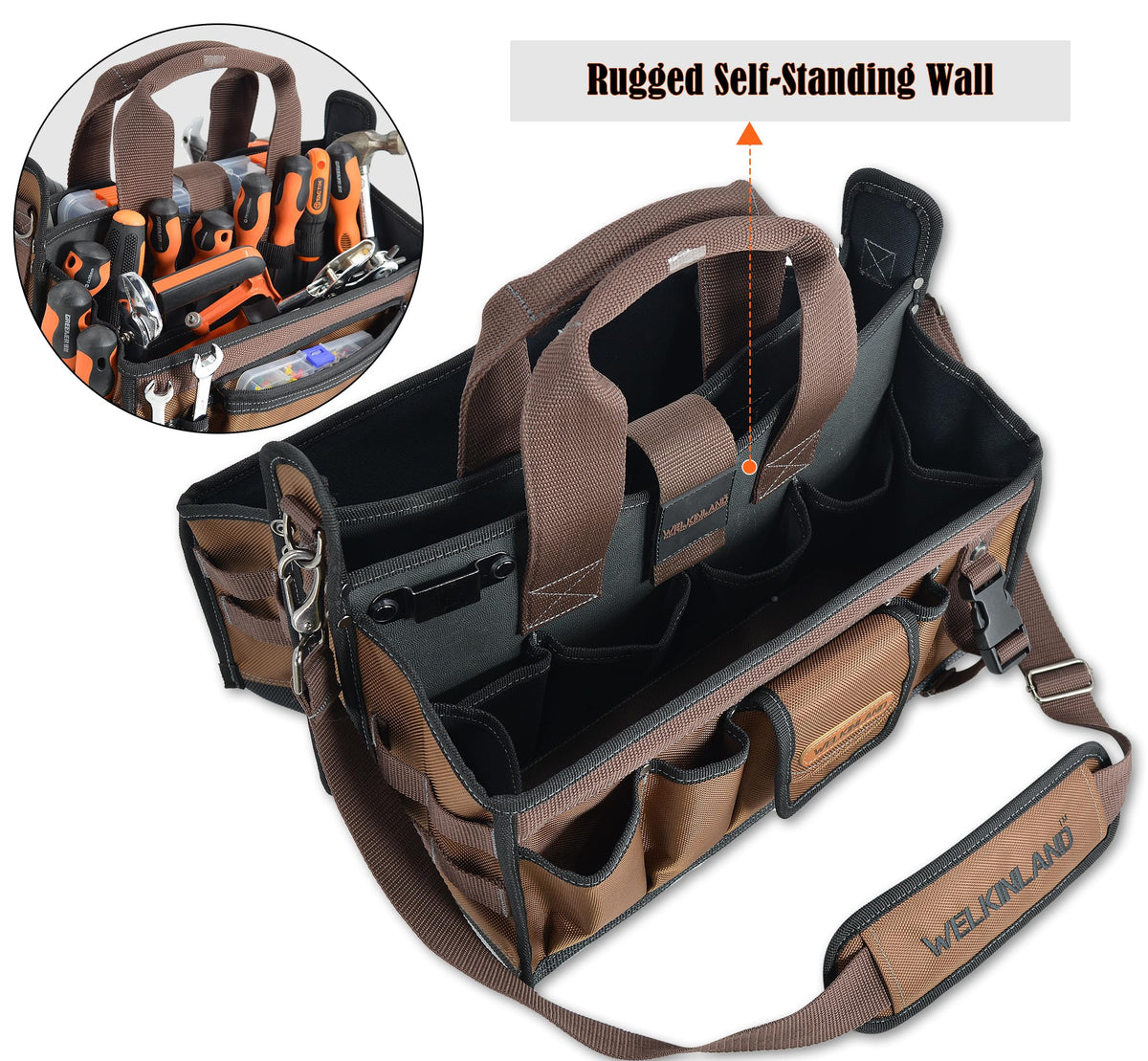 WELKINLAND 20-Pockets Tool Tote Bag, 16" Electrician Tool Bag, Open-Top Tool Bag, Stay-Up HVAC Tools Bag, Brown Tech Tools Bags, HVAC Bag, Tool Tote Bag With Handle