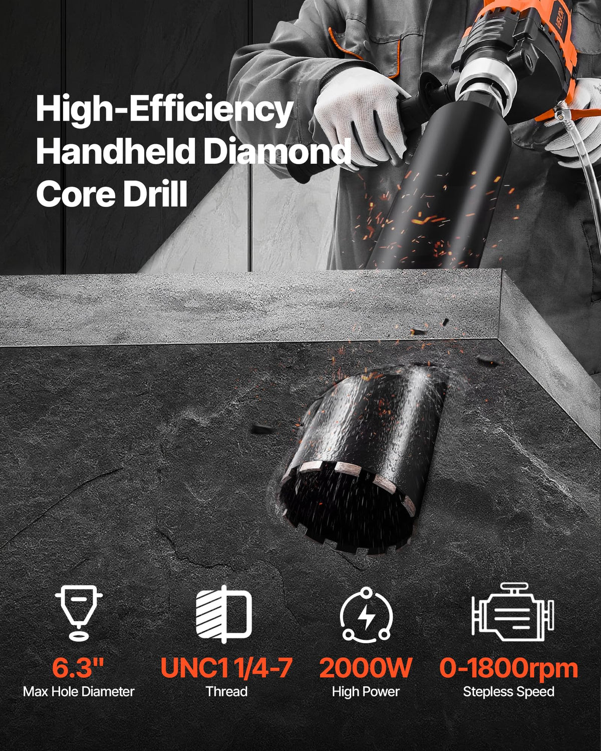 VEVOR Diamond Core Drilling Machine, 0.8-6.3 in Drilling Diameter, Handheld Dry and Wet Concrete Core Drill Rig with 4 Drill Bits, 0-1800RPM Variable Speed, UNC1 1/4-7, for Concrete Brick Stone, 2000W