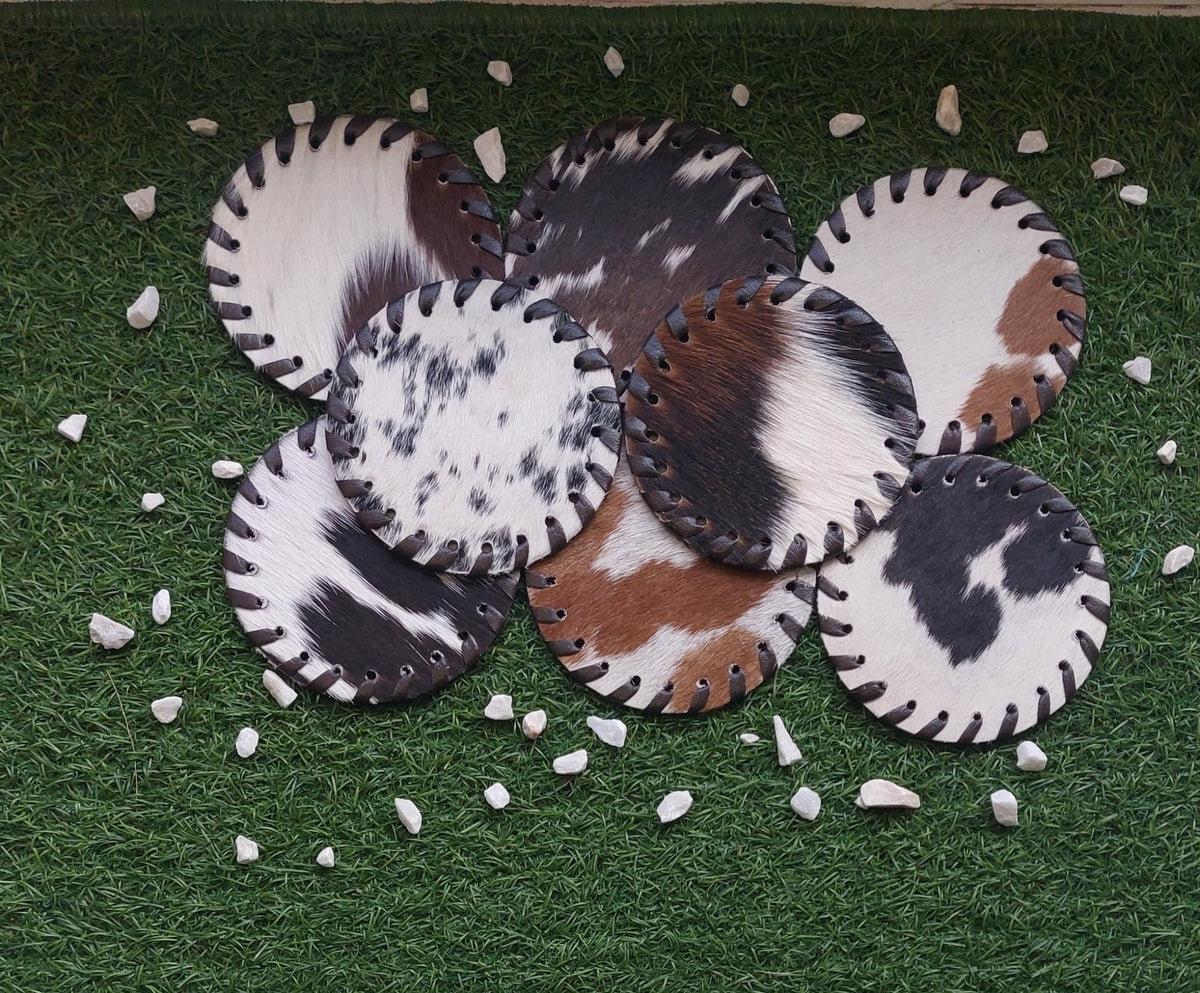 Cowhide Coasters Set of 6 pcs Round Natural Cowhides Drink Pads Hair On Genuine Leather Tea Cup Mats Home Decor & Home Living Ideas Multicolor Furry, Stain Protection