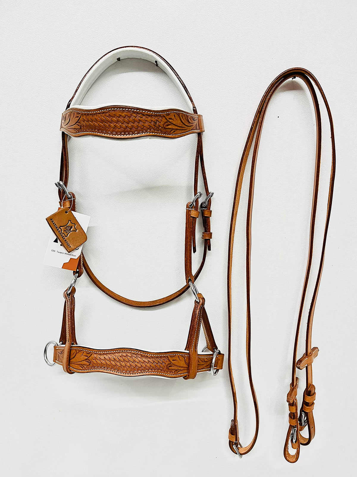 AMAZING HORSE STUFF Sidepull Bitless Bridle with Designer Hand Carving On Browband & Noseband Curved Shaped Natural (Full)