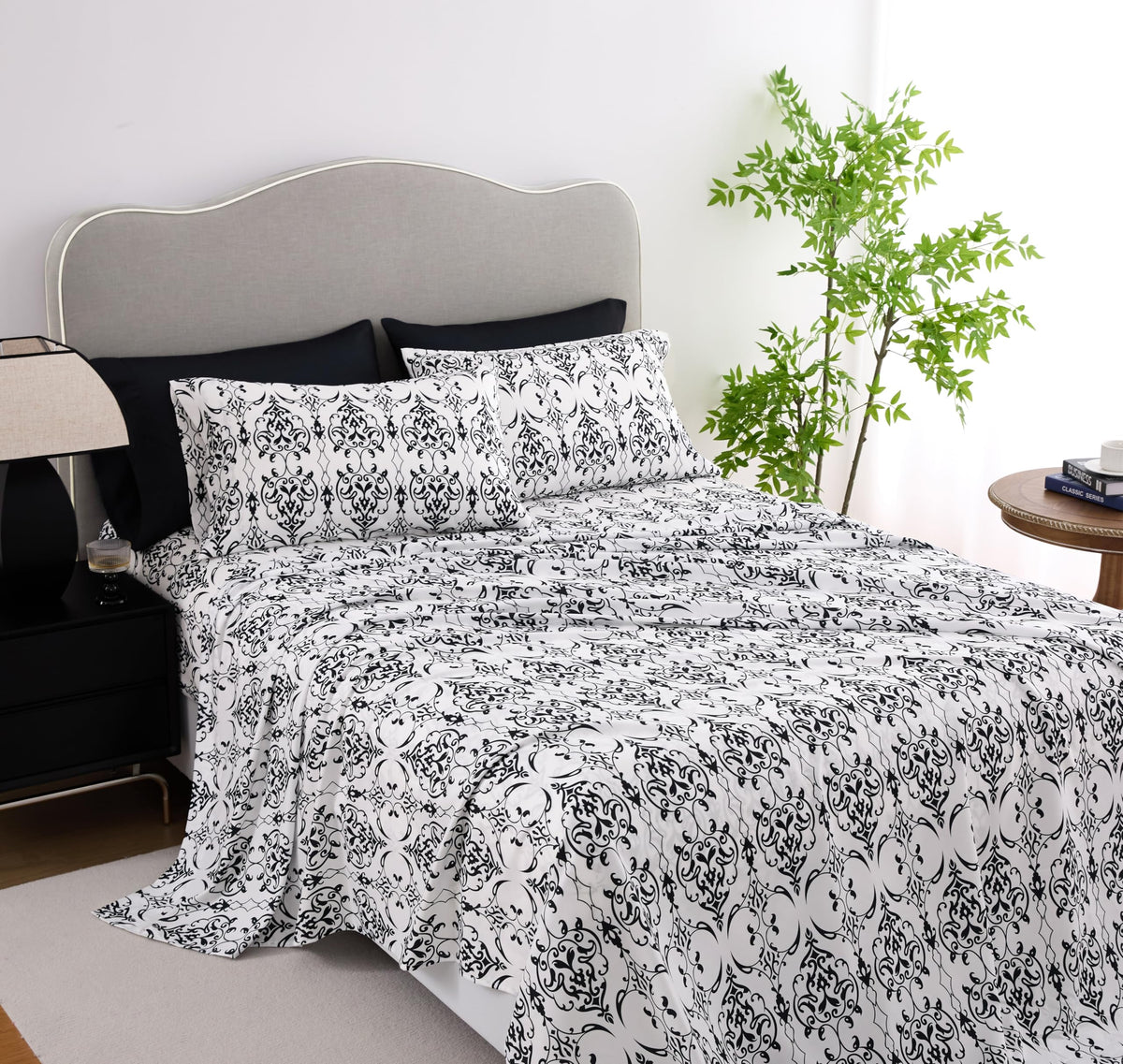 Spirit Linen home 6-Piece Twin Size Bed Sheet Set - Deep Pocket, Scroll Pattern, Soft and Breathable Bed Sheets, Microfiber Material, Includes 1 Fitted, 1 Flat, 4 Pillowcases - Black/White Scroll