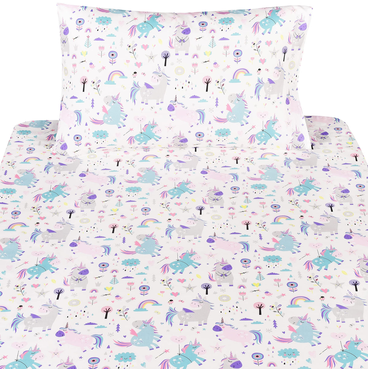 Scientific Sleep Cute Unicorn Flower Rainbow 100% Cotton Cozy Twin Bed Sheet Set, Flat Sheet & Fitted Sheet & Pillowcase Natural Bedding Set (Unicorn, Twin)