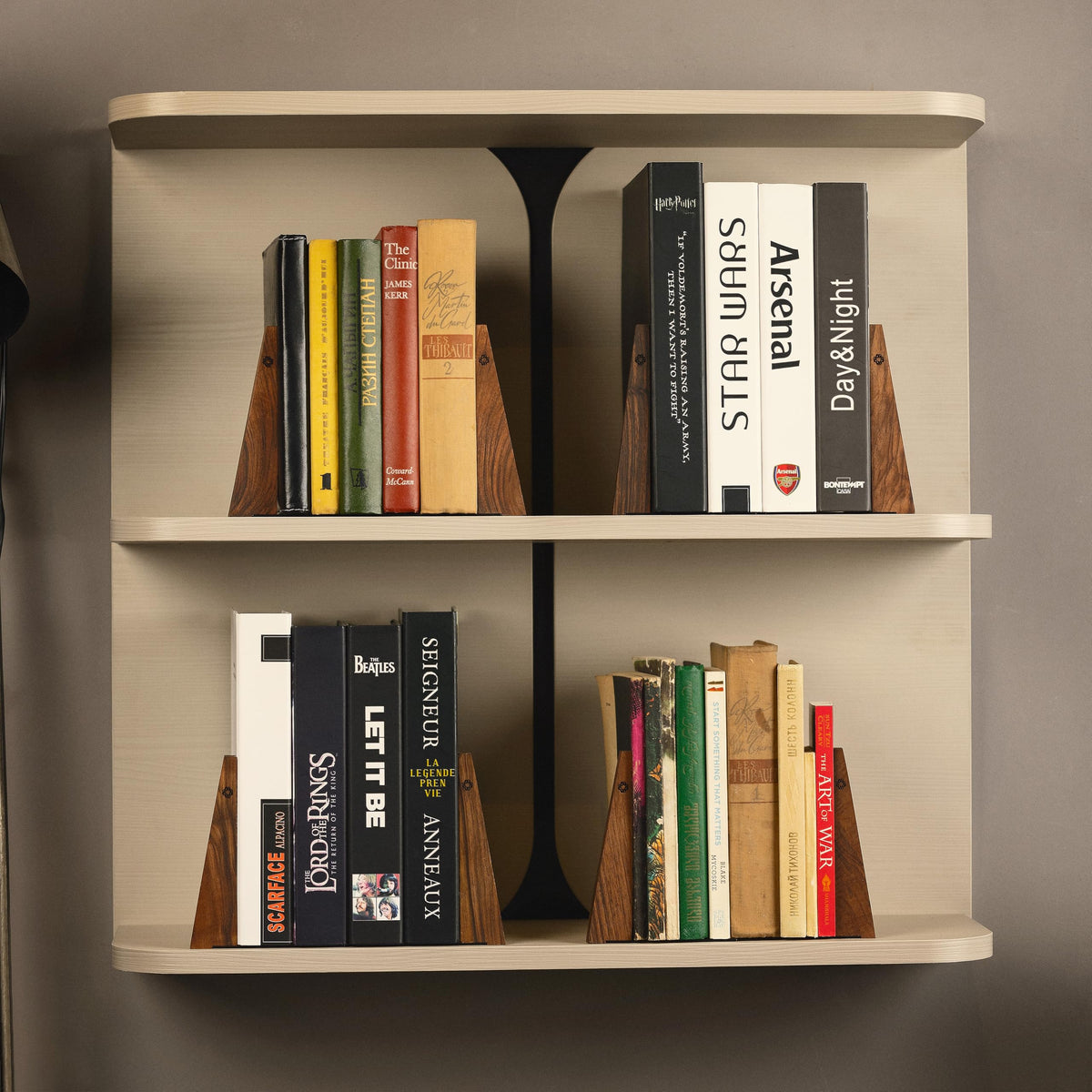 TILISMA Walnut Bookends for Shelves | Wooden Book Ends for Shelves | Sturdy Book Holders, Stoppers with Metal Base for Bookshelves | Slick Decorative Bookends Stands Firmly on Bookshelf (4 Pairs)