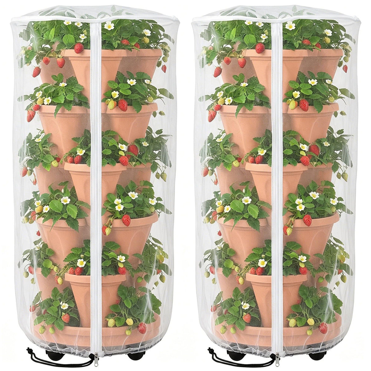 2 Pcs Vertical Plant Pot Insect Netting with Zipper, 39"x20" Stackable Planter Garden Net Cover, 3 to 5 Tier Planter Pot Insect Bird Barrier Protection Mesh for Strawberry Herb Flower Fruit Vegetable