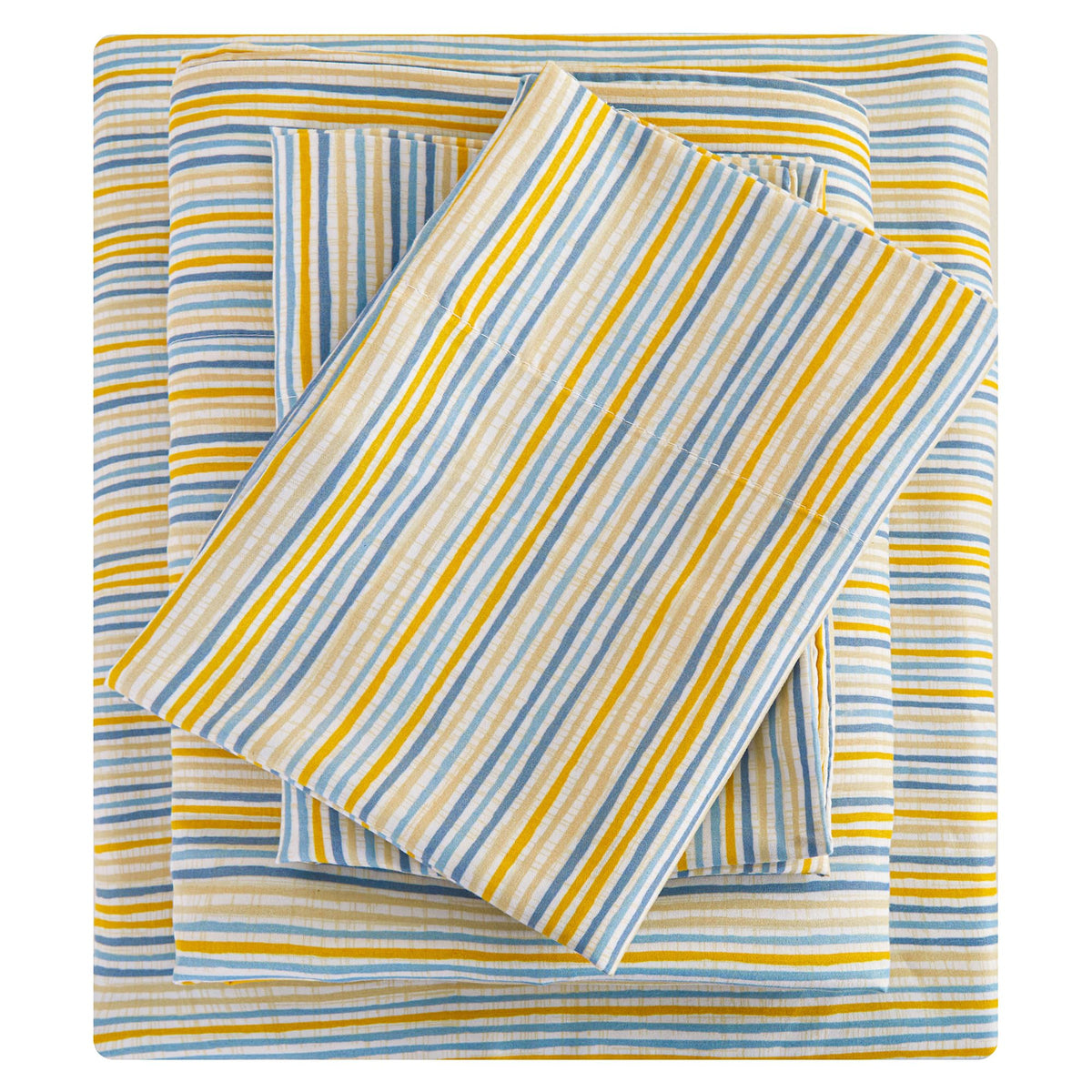 Mooreeke Striped Queen Bed Sheets, Deep Pocket 4 Piece Queen Sheet Set, Soft Microfiber Blue Yellow Pinstripe Bedding Sheets & Pillowcases