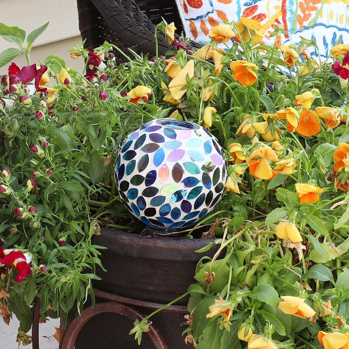 Sunnydaze Mosaic Glass Plant Watering Globe with Clay Spike - Decorative Self-Watering Planter Insert - Water Dripper for Plants - 9.5" - Spring Petals