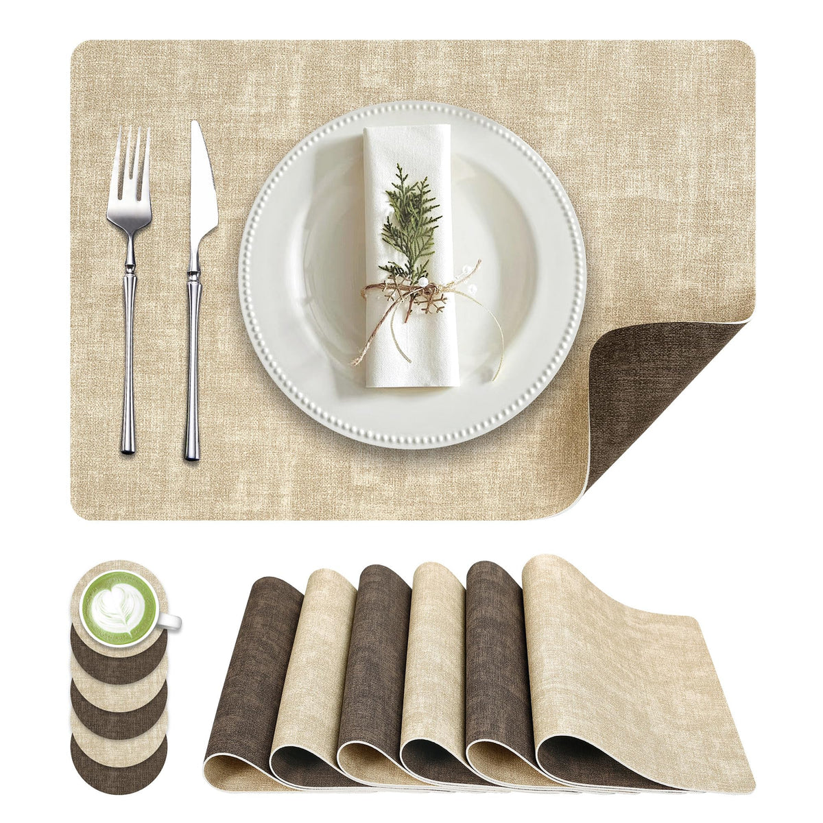 Fyvva Placemats Set of 6, Faux Leather Heat Resistant Wipeable Placemats, Dual Sided Waterproof Washable Table Mats with Coaster, Suitable for Kitchen, Dining, Table Decor (6, Beige Dark Coffee)