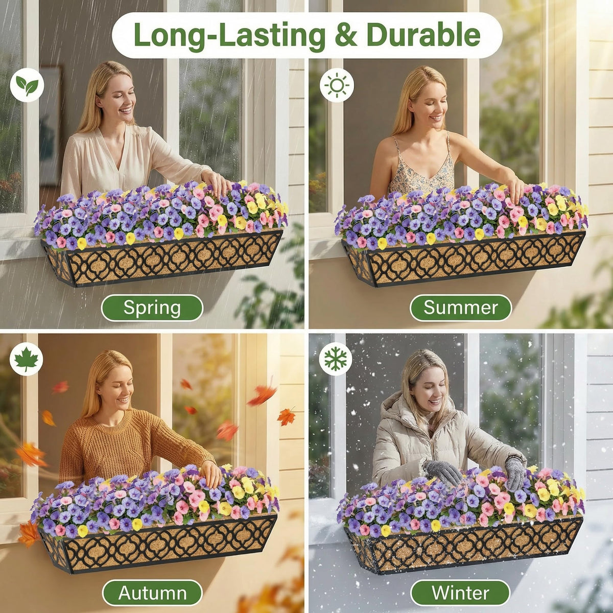 Y&M 36 Inch Window Deck Planter with Coco Liner, Metal Hanging Flower Boxes for Fence, Railing, Balcony, and Outdoor Garden Lawn – 4pcs