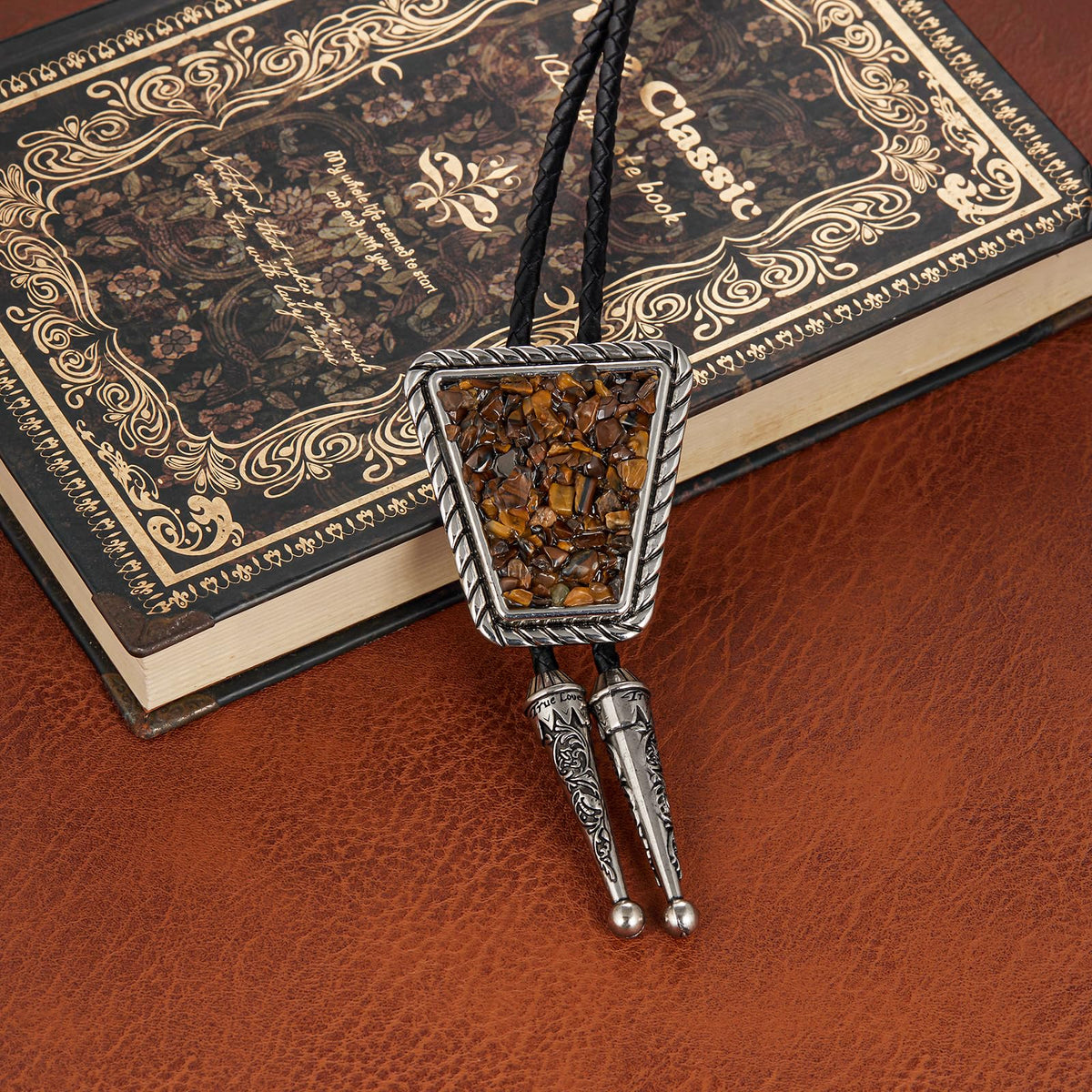 YOQUCOL Native American Brown Crushed Stone Bolo Tie Hand-woven Leather Bola Ties Necklace for Men Women