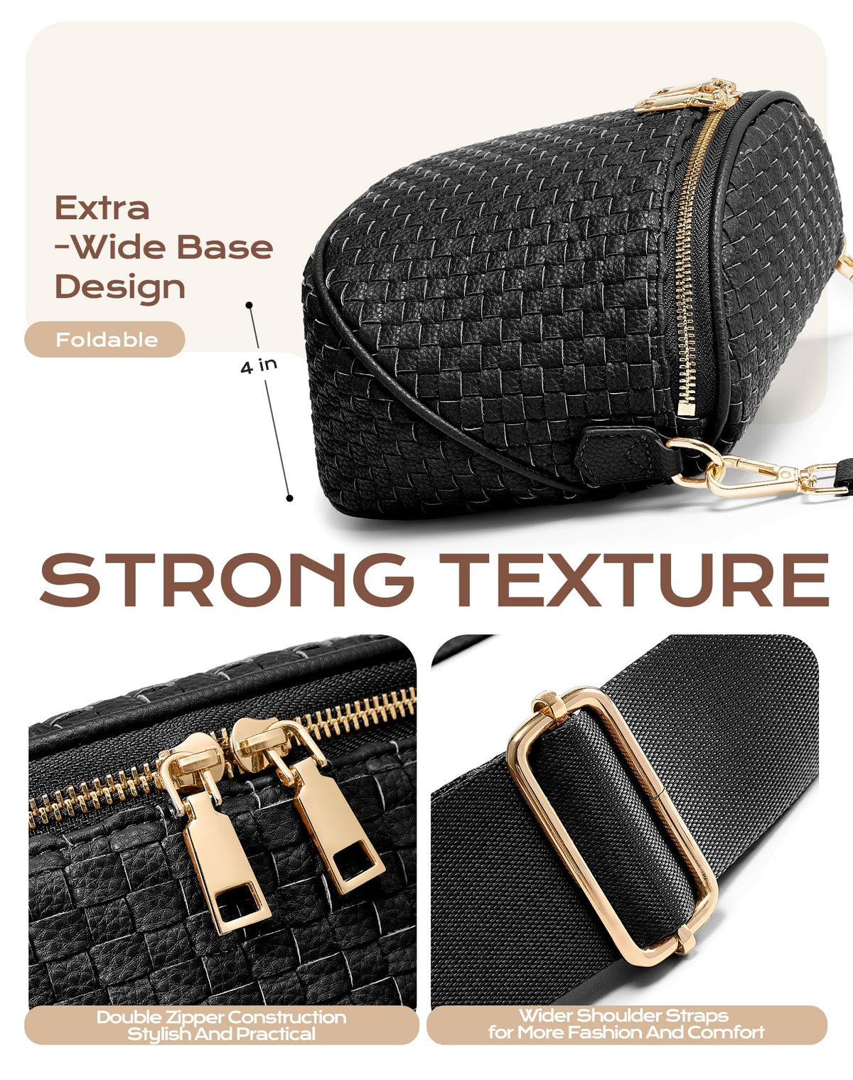 Trendy Woven Checkered Crossbody Bum Bag for Women，PU Leather Checkered Purse Fanny Packs Belt Bag (Woven Bum Bag - Pure Black)