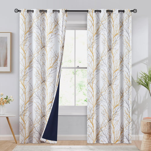 FMFUNCTEX 100% Blackout Yellow on White Tree Curtains for Bedroom, Curtains 84 Inches Long Branch Curtain Panels for Living Room, Room Darkening Thermal Insulated Window Drapes, Grommet Top 2 Panels