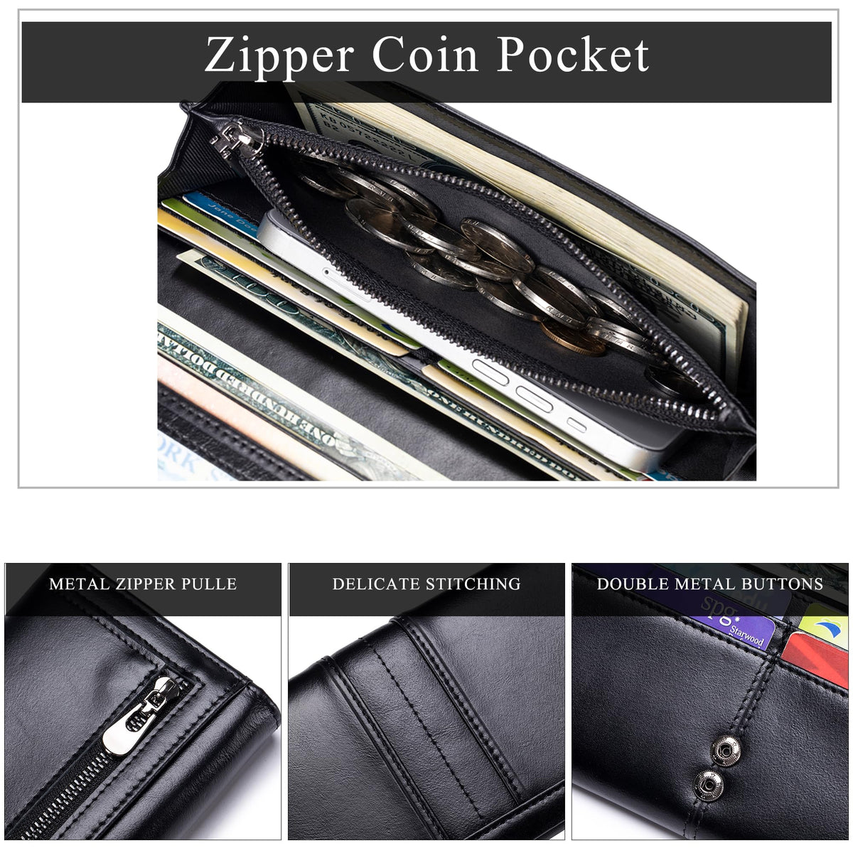 LUKZIJAES Wallets for Women Slim Long RFID Blocking Ladies Genuine Leather Bifold Wallet Womens with ID Window Coin Pocket (#1-Black)