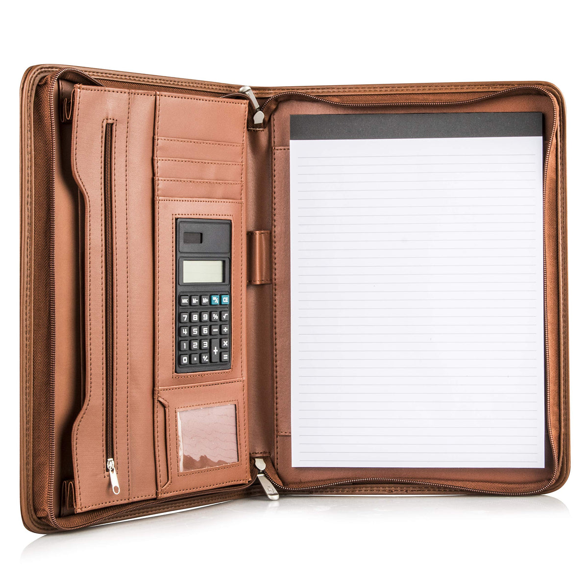 Cossini Premium Business Portfolio with Zipper – Padfolio - Superior Business Impressions Begin with PU Vegan Leather, 10.1 Inch Tablet Sleeve, Smart Storage, Solar Calculator, Writing Pad - Tan