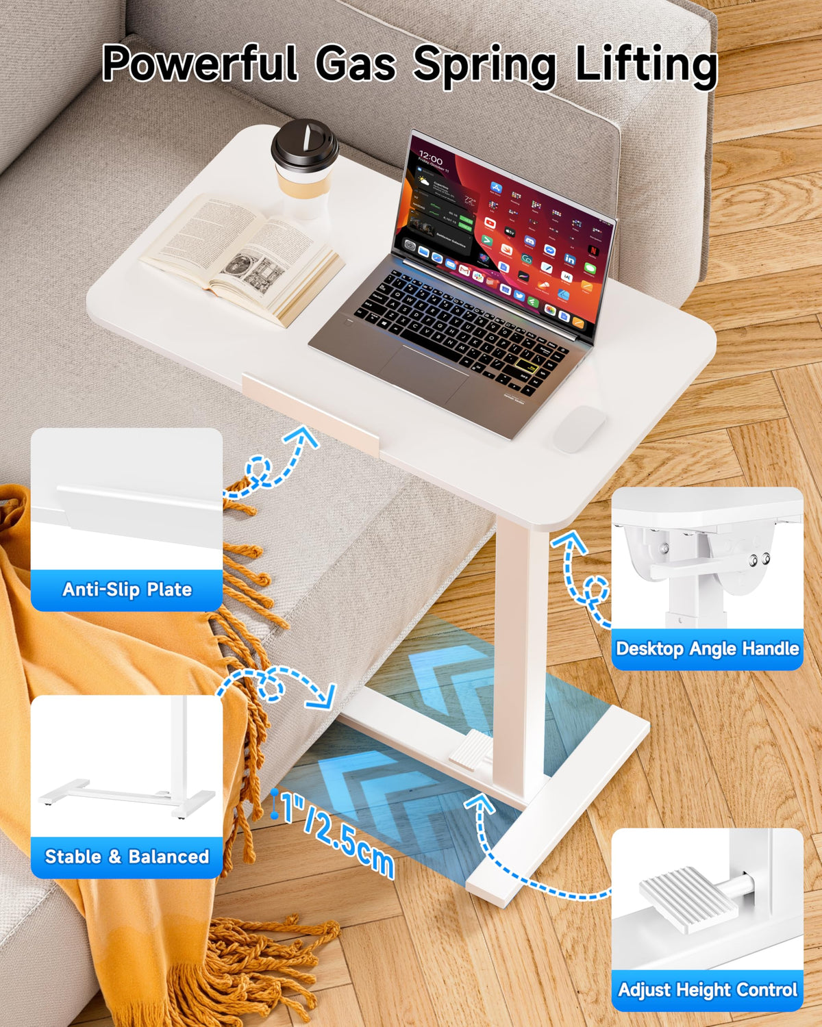 BIZUM Mobile Standing Desk Laptop Desk Pneumatic with Wheels 180° Tilt Top Hospital Bed Table Portable Rolling Cart Foldable Bedside Table for Hospital&Home Use, White