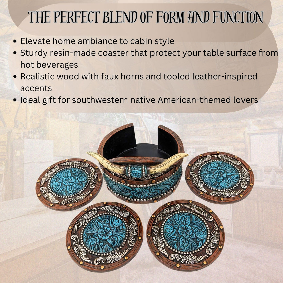 BestGiftEver Rustic Southwestern Coasters Set: Faux Horn & Tooled Leather-Inspired Western Home Decor, Lodge, Cabin - Unique Gift for Cowboy Ranch Theme Enthusiasts