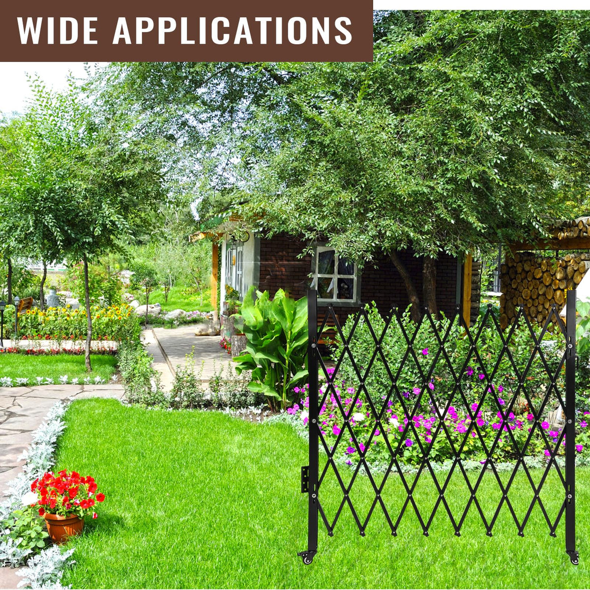 SierraSquad Single Folding Security Gate 85" H x 95" W, Steel Expandable Fence with 360° Rolling Wheels for Courtyard, Garage, and Garden Access Control