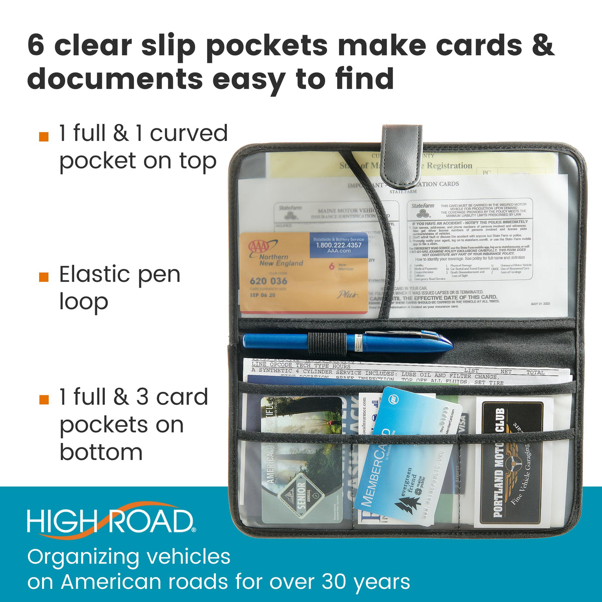 High Road Car Document Holder - Registration and Insurance Card Holder and Car Visor Organizer with 6 Clear Pockets and Pen Loop for Driving Documents, Cards and Paperwork