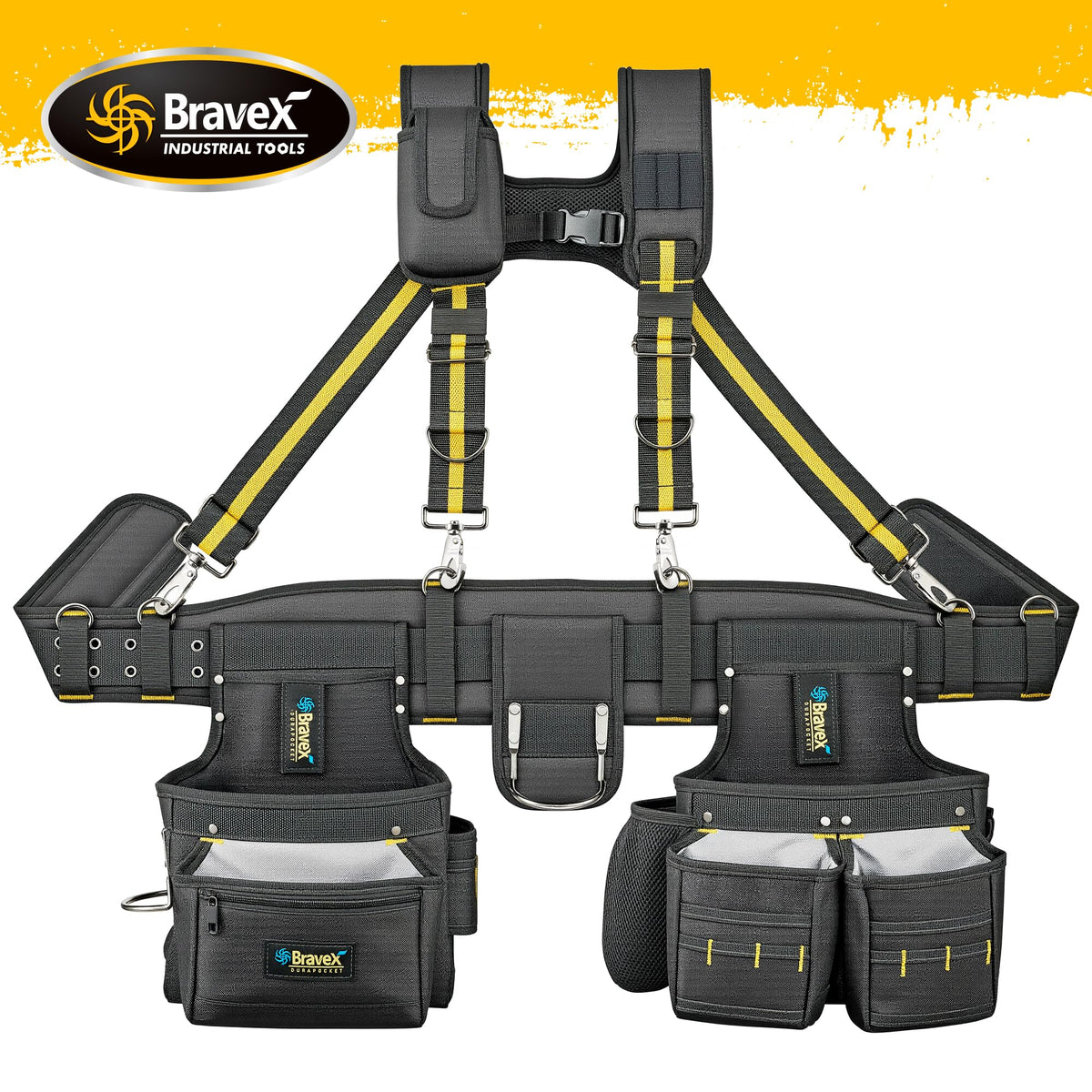 Bravex Tool Belt Suspenders, Tool Vest Pro Ultra 20 Bags H-Style Toolbelt 5 Combo Apron Tool Pouch For Framers Carpenter Electrician 1200D Ballistic Nylon
