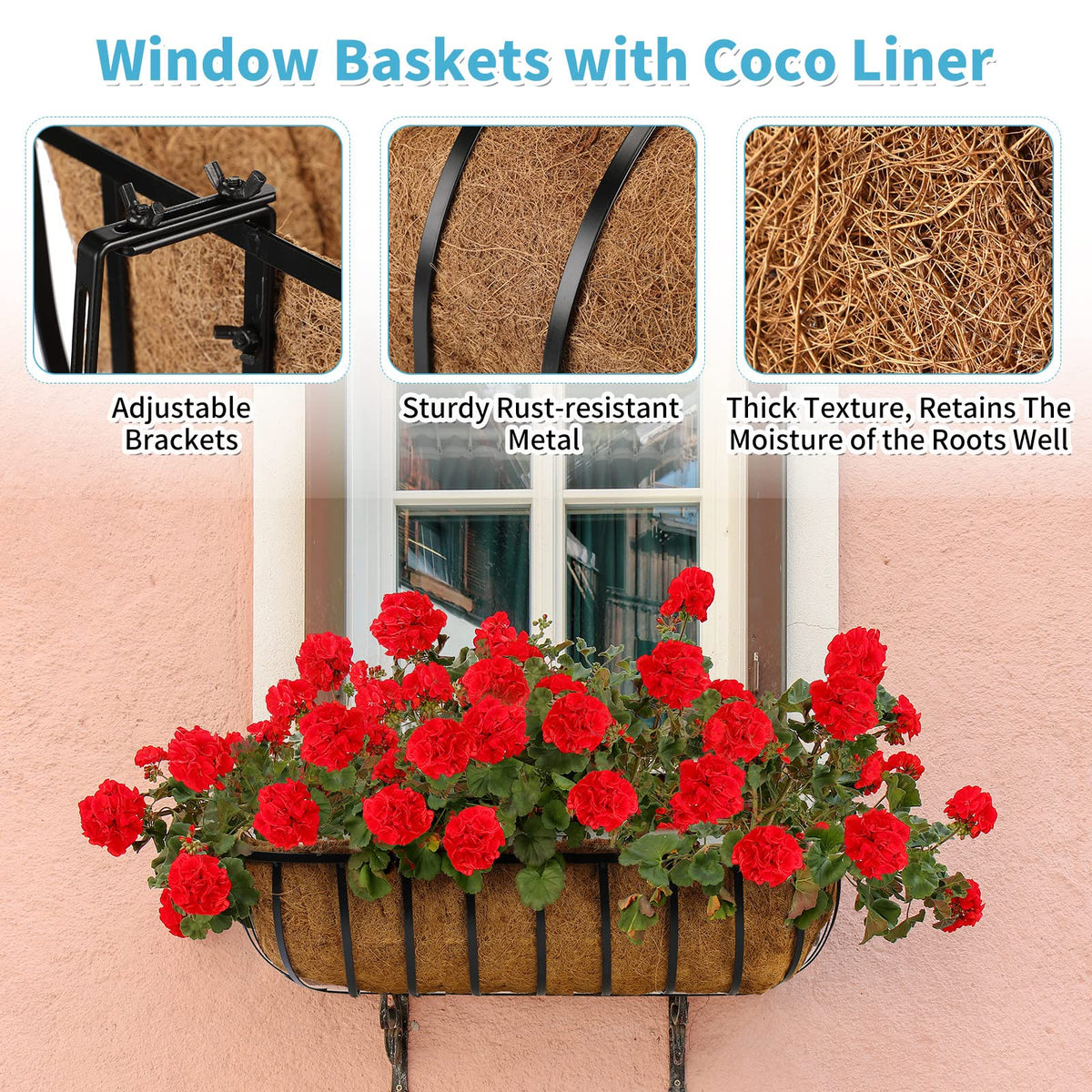 Tessco for you 6 Pieces Railing Planter Boxes, 30 Inches Window Box Planters with Coco Liner and Adjustable Brackets for Deck Porch Fence Patio Balcony Gardening Outdoor Plants