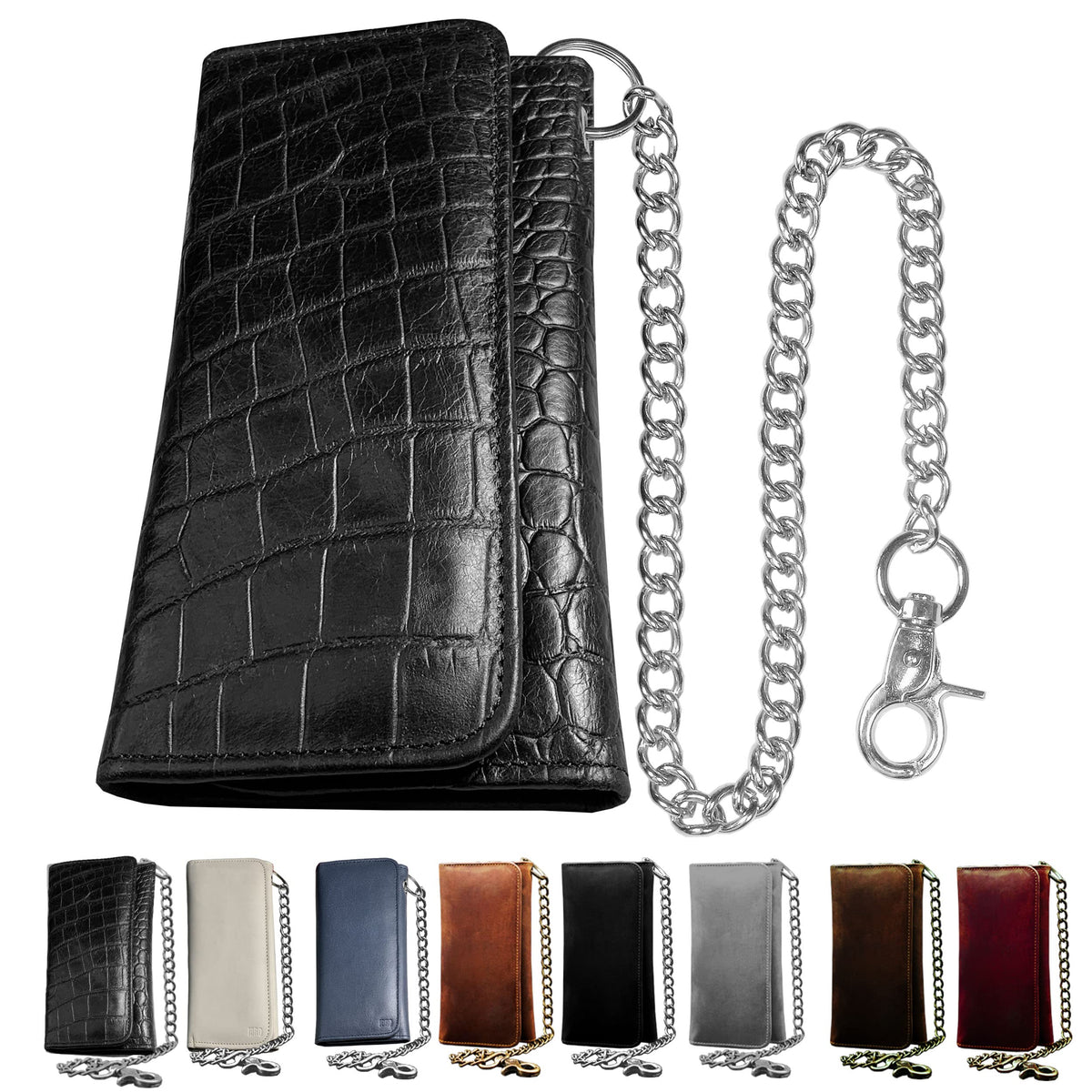 IBRO Motorcycle Chain Wallet for Men – Premium Cowhide Leather, RFID Tri-Fold Biker Wallet with Heavy Duty Chain for Bikers Truckers & Hunters, Credit Card Money Organizer Long Wallet Crocodile Black