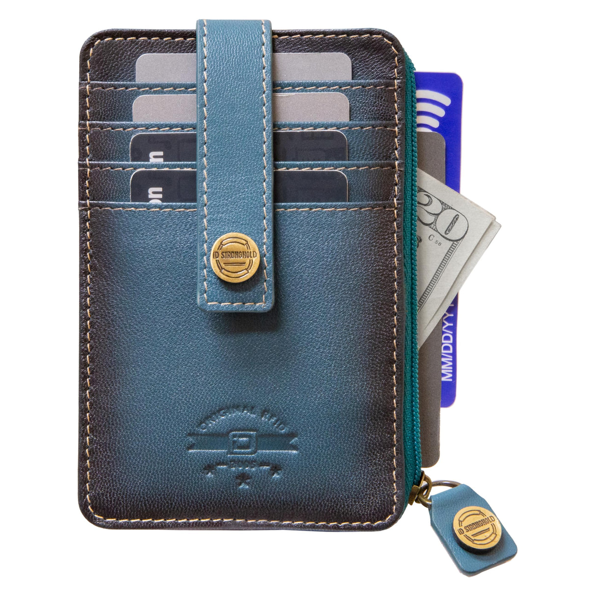 ID Stronghold RFID Blocking Front Pocket Wallet – Slim Minimalist Genuine Leather Wallet with Zipper Coin Pocket (Mega Blue)