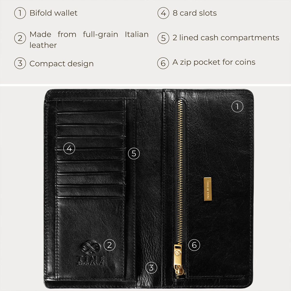 Time Resistance Long Leather Wallet - Bifold Mens Suit Leather Wallet - Checkbook Wallet - Tall Billfold Card Case - Slim Wallet Made in Italy (Black)