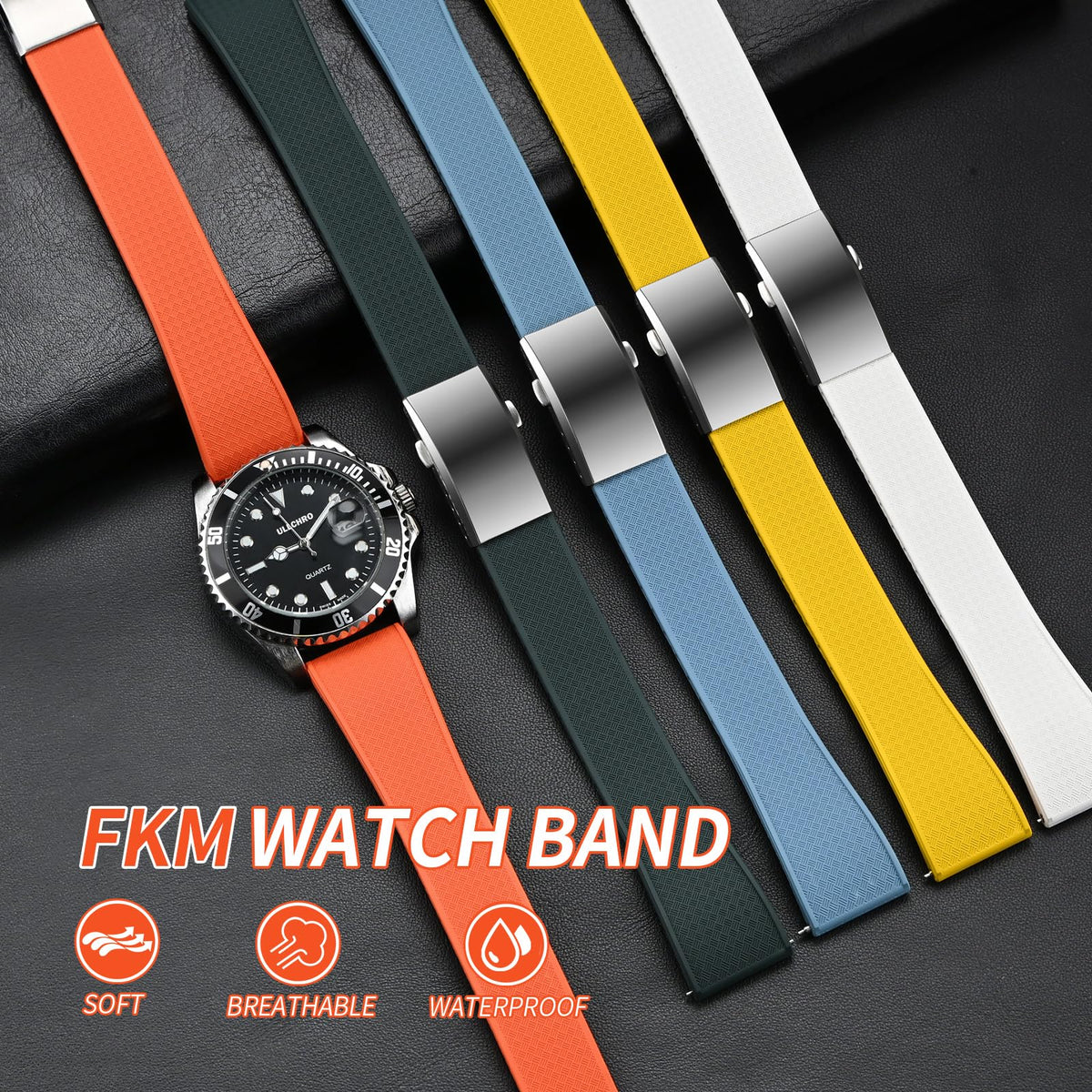 ULLCHRO FKM Rubber Watch Strap, Cut to Size Quick Release Fluororubber Watch Band Soft Replacement Watchband with Silver Milled Clasp for Men Women 18mm 19mm 20mm 21mm 22mm (20mm, White)