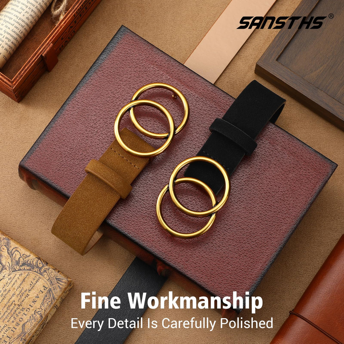 SANSTHS 2 Pack Women Leather Belts Faux Leather Jeans Belt with Double O Ring Buckle, Black&Brown M