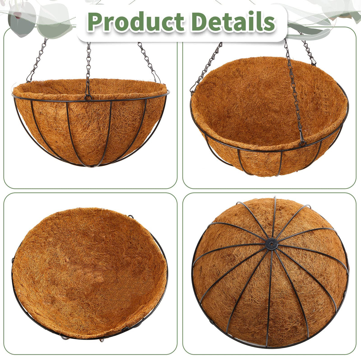 Rtteri 8 Pcs 8 Inch Hanging Baskets for Plants Outdoor with Metal Wire Frame and Coconut Coir Liners, Round Wire Hanging Baskets with Chain for Patio Garden Porch Decoration
