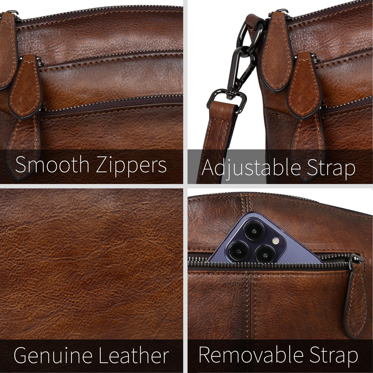 HESHE Crossbody Bags for Women Leather Purses with Multi-Pockets Vintage Cross-body Bag Ladies Small Satchel Shoulder Handbags Hobo Bag (Coffee)