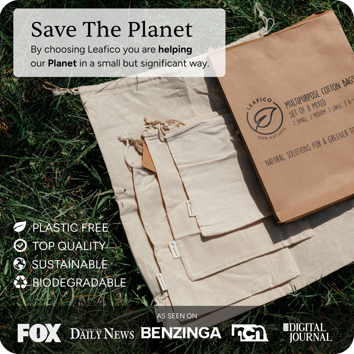 LEAFICO Cotton Storage Bags – X-Large 14x17 Inch (6-Pack) – Reusable Muslin Bags with Drawstrings – Biodegradable Canvas Fabric Sacks – Perfect for Bread, Bulk Produce, Potatoes, Onions, Shoes