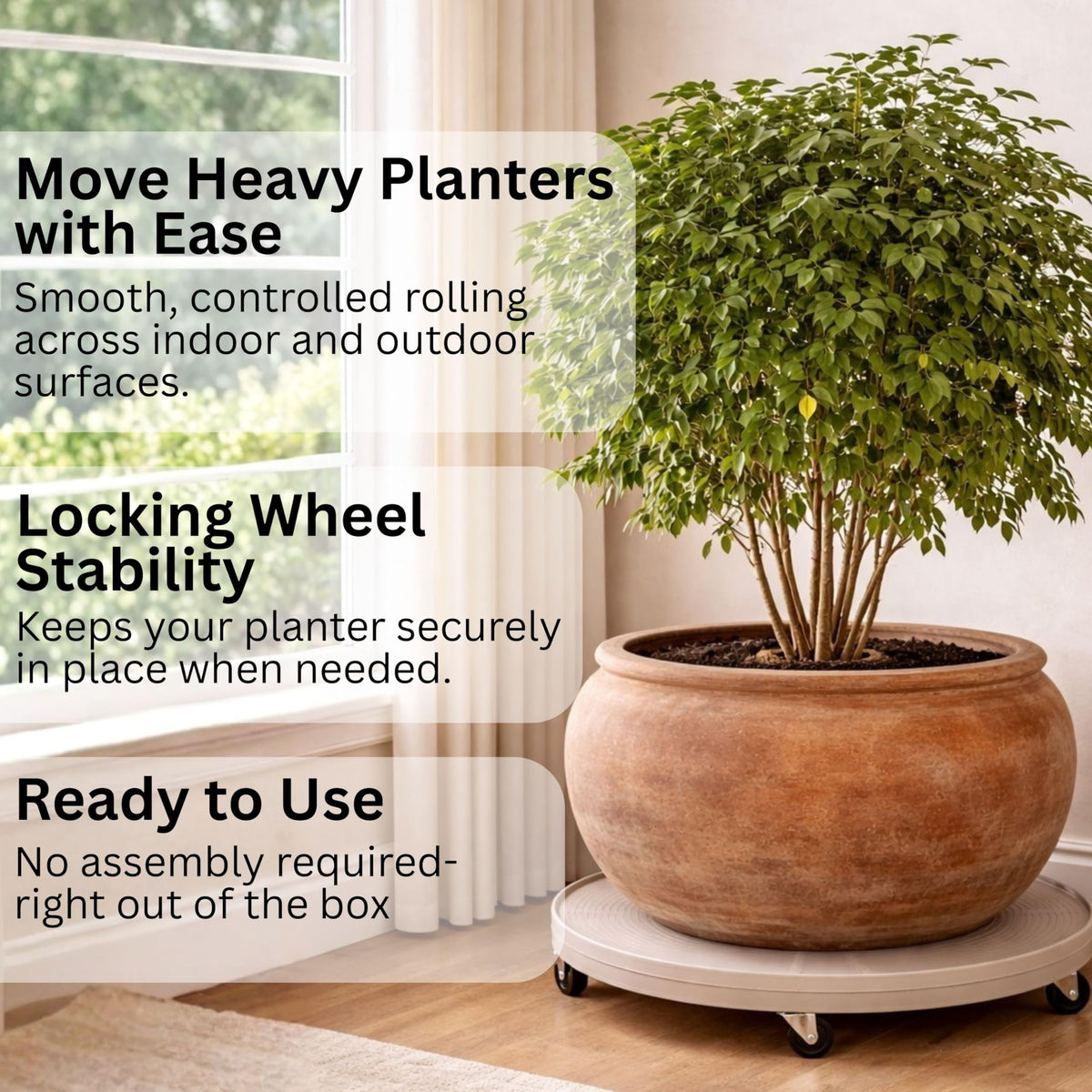 16" Rolling Plant Caddy with Drain Hole, Heavy Duty Plant Dolly with Wheels & Locking Wheel, Indoor Outdoor Planter Base for Pots, Round Plant Tray, White, Supports 500 lbs
