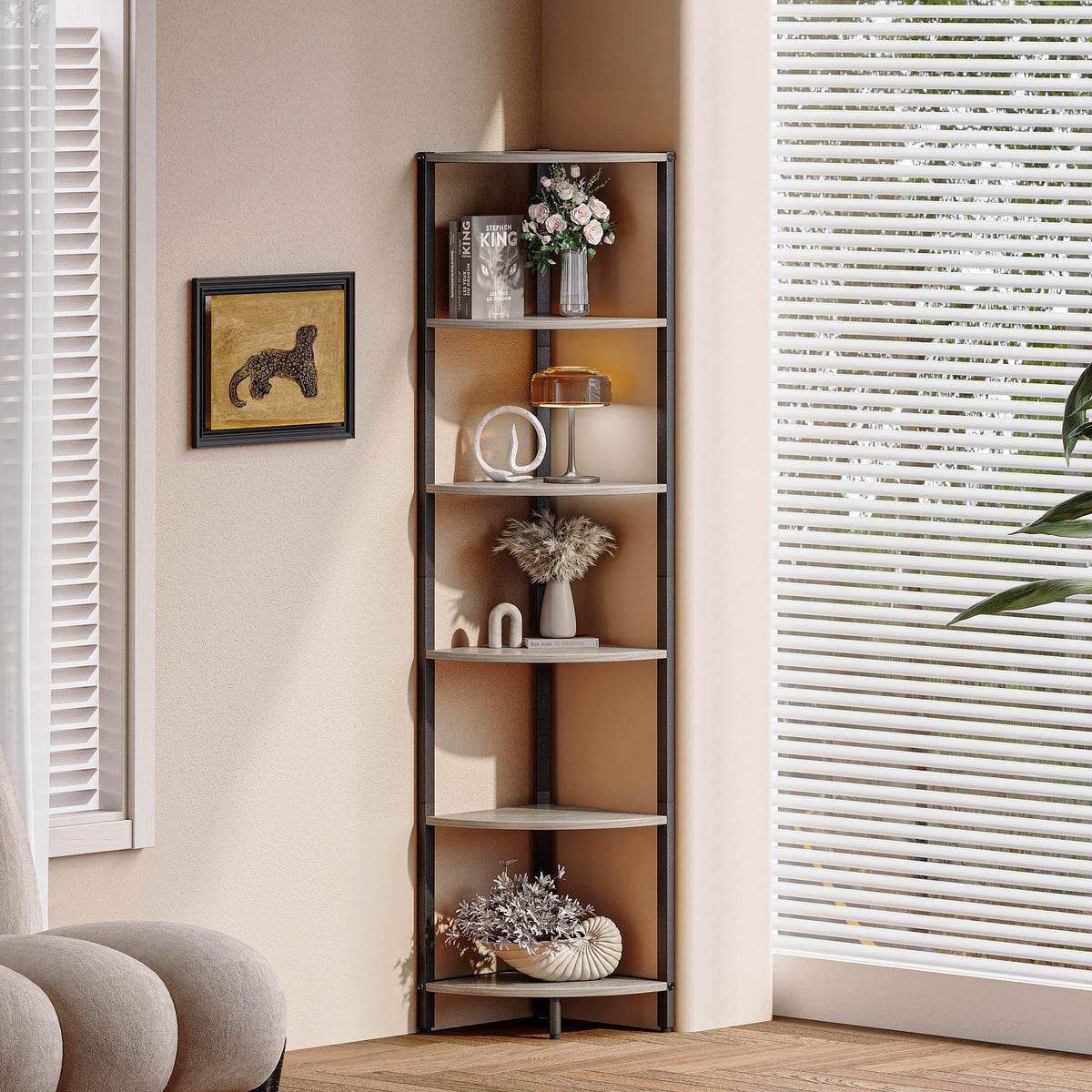 IRCPEN 6 Tier Corner Shelf 63.1" Tall Corner Shelves Stand Ladder Shelf Metal Standing Bookshelf Organizer Display Rack Bookcase Plant Stand Industrial Rustic for Living Room Bedroom Oak CS-001GR