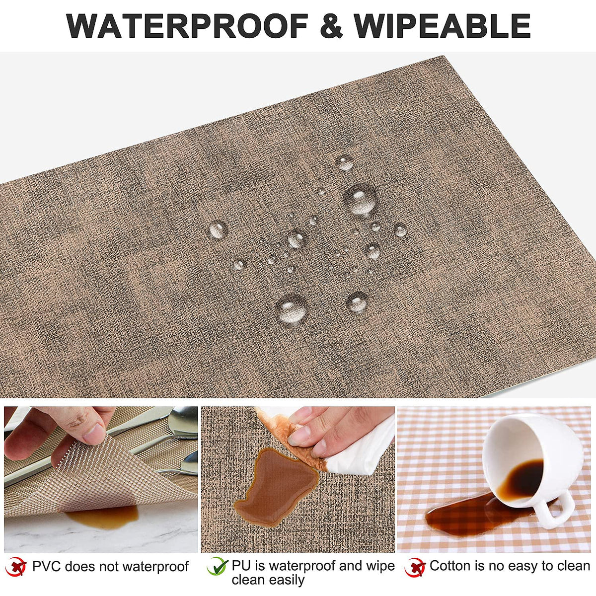 LANDVIEW Leather Heat Resistant Placemats Set of 6 Waterproof Wipeable Washable PU Table Mats,Easy to Clean Anti-Slip (6, Dark Brown)
