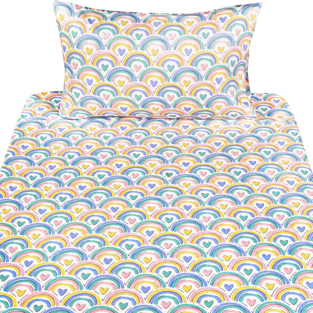 J-pinno Rainbow Heart Colourful Cartoon 100% Cotton 3 Pieces Twin Sheet Set for Kids Girls Boys Children Flat Sheet + Fitted Sheet + Pillowcase Bedding Decoration Gift Set (Love Rainbow, Twin)