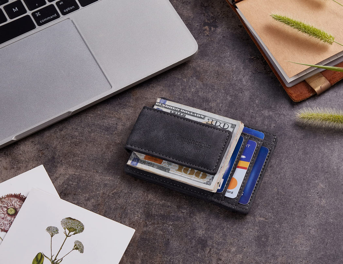 Toughergun Minimalist Wallet for Men with Magnetic Money Clip Leather Slim Wallet, Credit Card Holder RFID Blocking Front Pocket Holds Cash and Cards (Deep Grey)
