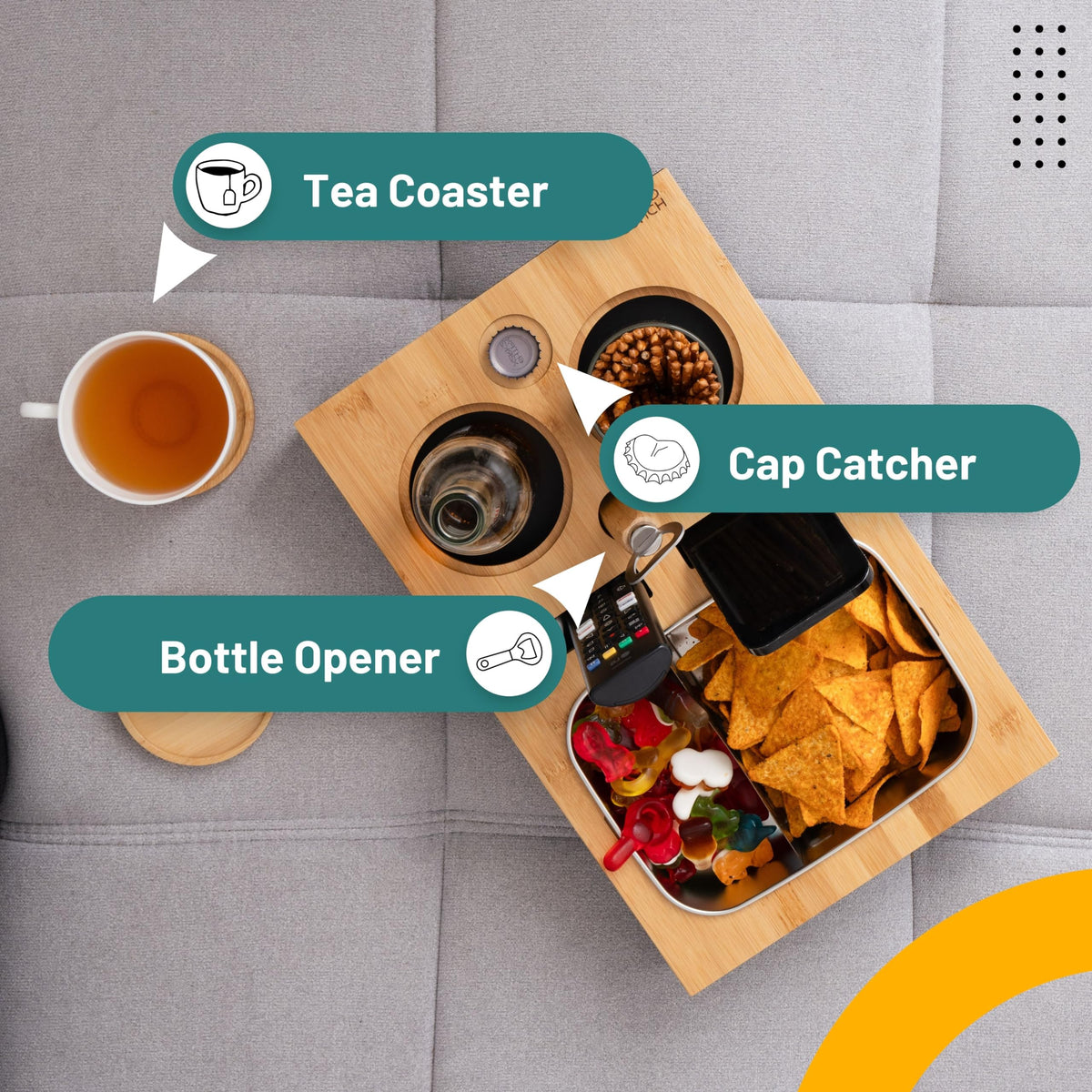 D&D Living® Couch Caddy - Bamboo Couch Console | Anti-Spill Drink and Cup Holder | Snack Organizer Tray for Sofa with Bottle Opener