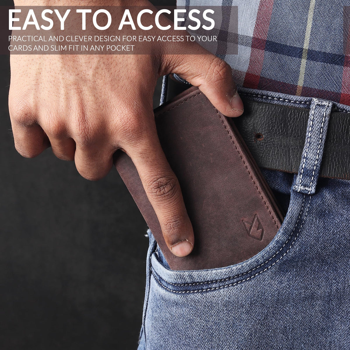 FOXHACKLE Full Grain Leather Credit Card Holder For Men and Women, Small RFID Blocking Bifold Wallet (With ID Slot, Hunter Coffee Brown)