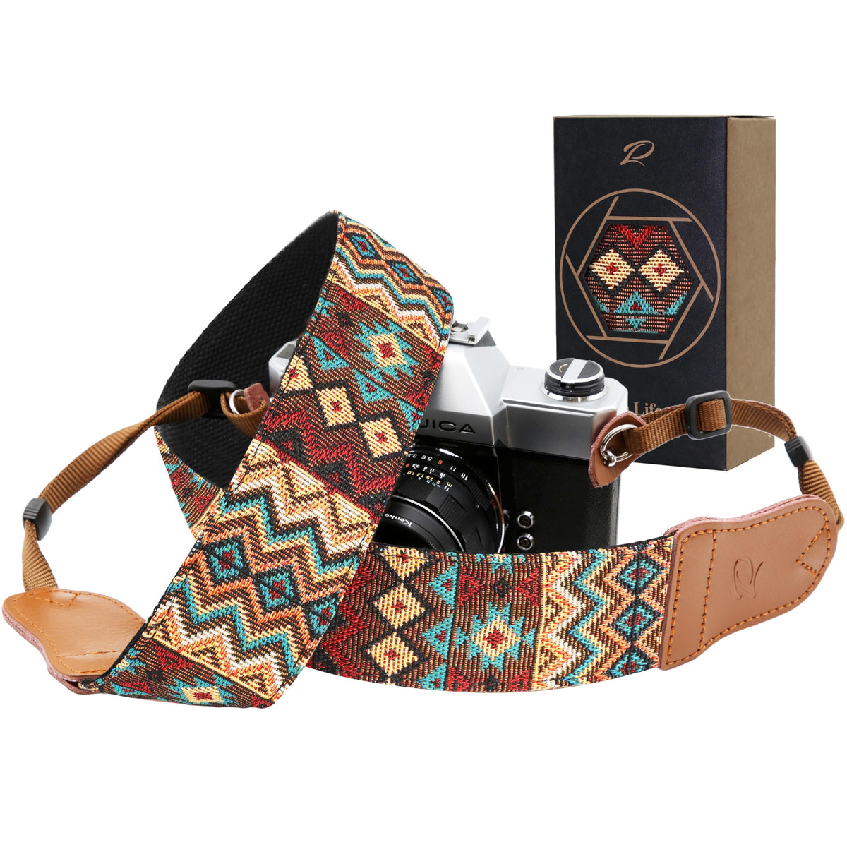Padwa Lifestyle Camera Strap - 2" Cowhide Head Camera Straps for Photographers,Vintage Jacquard Embroidery Woven Cotton Adjustable Shoulder Neck Straps for Cameras,Binoculars（Cool Ethnic Style Brown）
