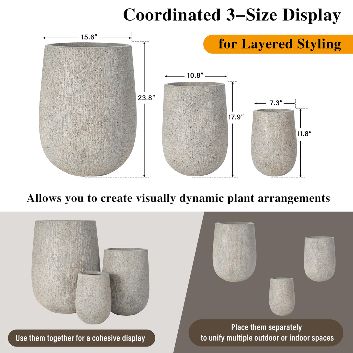 Modern Egg-Shaped Planter Set of 3, Lightweight MGO Stone Look Flower Pots with Drainage Holes & Rubber Plug for Indoor Outdoor Patio Garden Poolside Decor, Unique Textured Succulent Container
